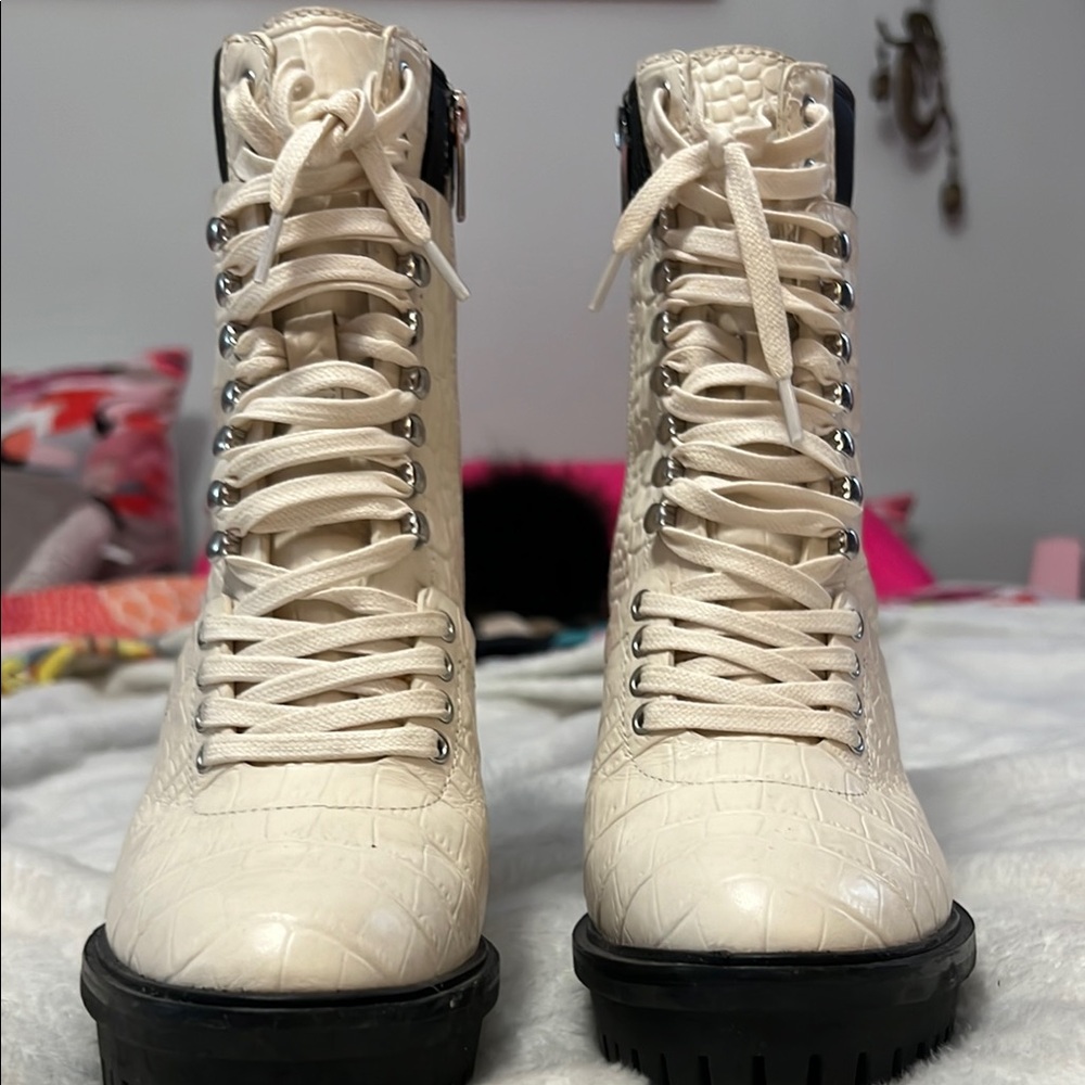 White Croc-Embossed Combat Boots